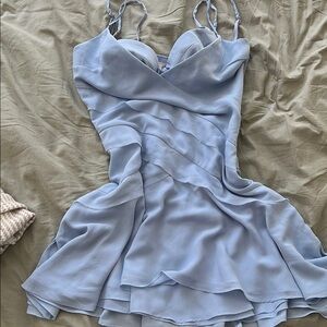 Blue Ruffled Tiered Mini Dress with Spaghetti Straps for Cocktail